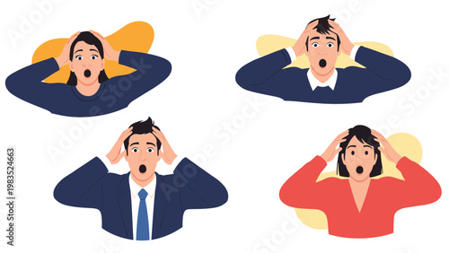 Group of shocked people holding their heads with surprised facial expressions against abstract colorful backgrounds for emotional concepts.