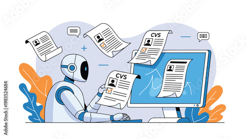 Robotic assistant processing multiple digital professional resumes on computer monitor for automated recruitment and hiring process.
