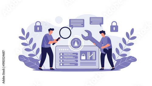Technical support team using magnifying glass and wrench to fix website interface and digital system errors for software maintenance.