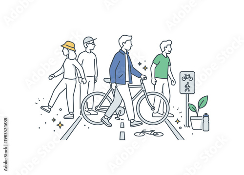 Small group crossing a bike lane safely with one central person walking a bicycle while others look both ways and step carefully