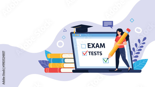 Student taking online exam on laptop screen with giant pencil and books for distance learning and academic qualification assessment.