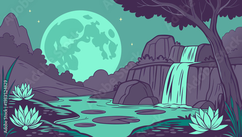 Teal, mystical landscape, moonlit waterfall, serene nature scene, vector illustration
