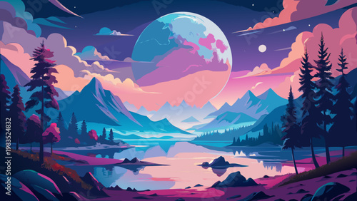 Vibrant landscape, colorful mountains, serene lake, purple sky, moonlit scenery, vector illustration