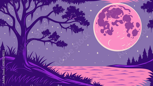 Vibrant purple landscape, pink moon, night scenery, vector illustration, dreamy atmosphere