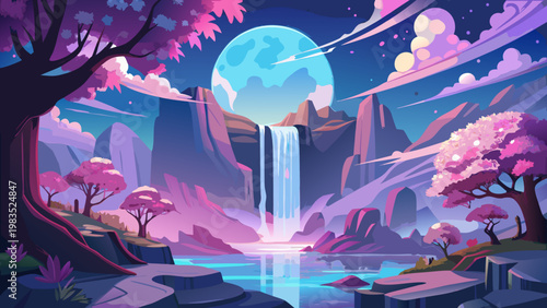Fantasy landscape, pastel pink purple scenery, moonlit waterfall, serene cartoon environment, dreamy illustration