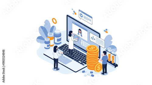 Medical professionals interacting with laptop screen medicine bottles and coins representing digital healthcare costs and insurance.