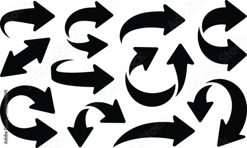 Collection of black arrows diverse directions and circular movements