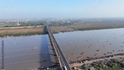ONGC Bridge Surat aerial view over Tapi River with highway connectivity and transportation infrastructure Gujarat India