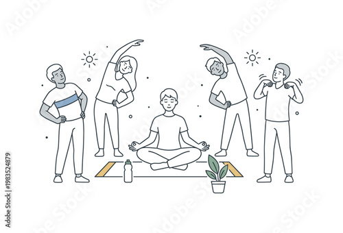 Active group enjoying a morning park routine with one central person meditating on a mat while others jog in place and stretch