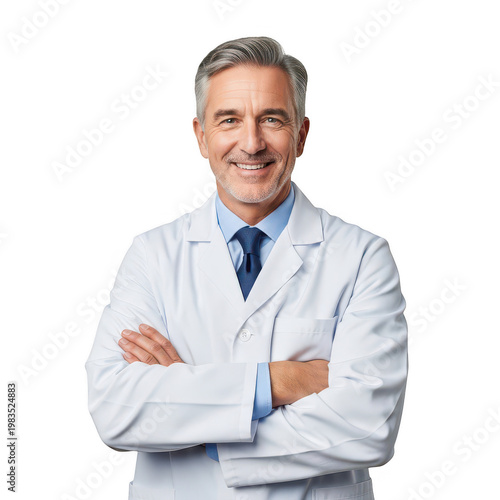 Smiling doctor with arms confidently crossed in professional attire isolated on transparent background