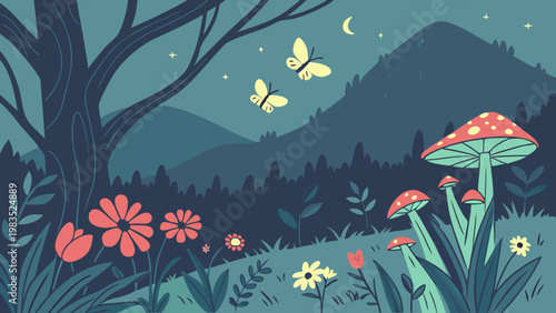 Whimsical nighttime landscape, moonlit forest, colorful flowers, fantasy illustration, vector scenery