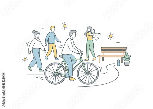 Casual group engaged in outdoor movement with one person at center pushing a bicycle while others walk and stretch arms nearby in