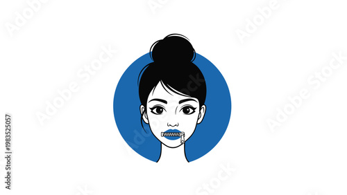 Portrait of a woman face on a blue circular background with a metal zipper closing her mouth to represent silence and censorship.