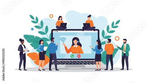 Group of business people standing around a large laptop during a collaborative video conference call with a female presenter.