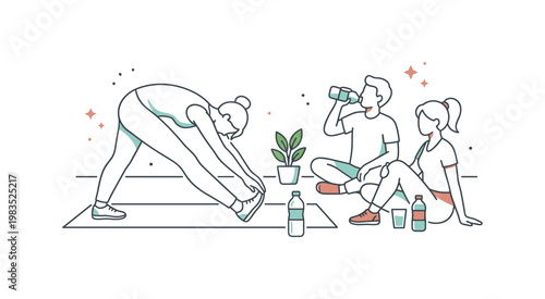 Small group practicing everyday wellness with one central figure bending forward in a stretch while others sit calmly and hydrate