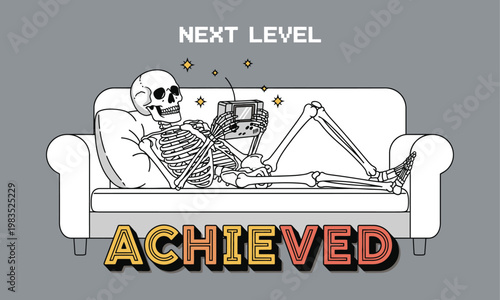 A whimsical illustration depicts a skeleton relaxing on a couch symbolizing a playful take on achievement and rest