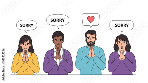 Diverse group of people with speech bubbles saying sorry and showing apologetic gestures while standing on a white background.