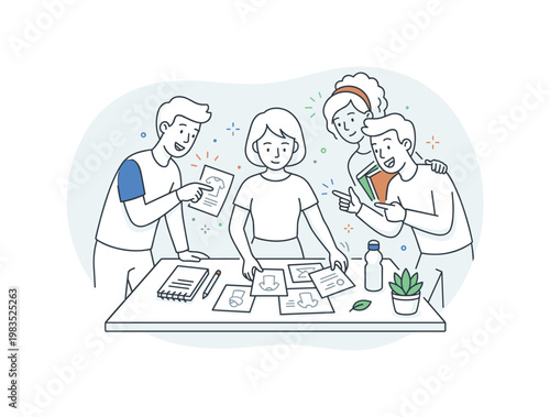 Group sharing a design moment with one central person arranging sketches while others contribute by pointing and reacting in a