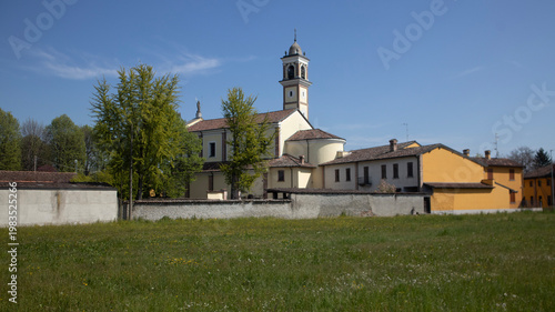 Historic Church with Steeple and Clock Tower in a European Village