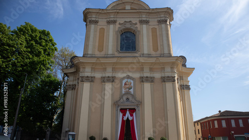Historic Church with Steeple and Clock Tower in a European Village
