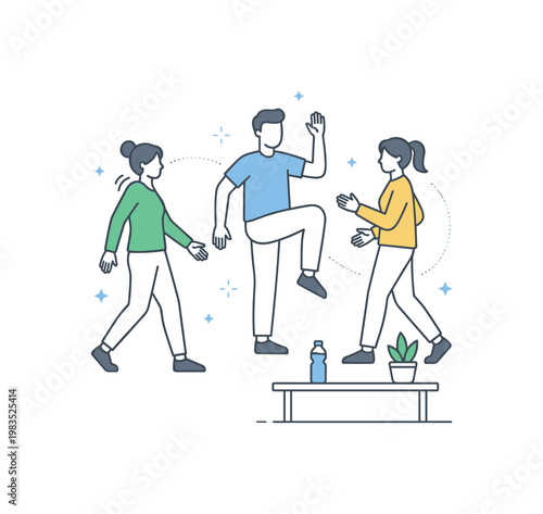 Small group combining walking and light exercise with one central person lifting knees in place while others walk and loosen