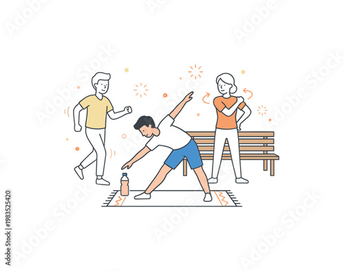 Diverse group engaging in outdoor fitness activities and stretching exercises