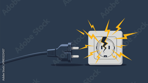 Electric plug about to be inserted into a wall socket that is sparking and showing dangerous signs of a short circuit.