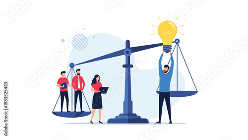 Person lifting a bright light bulb idea on a giant scale to outweigh a group of three business people on the other side.