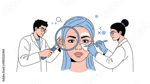 Medical professionals using a magnifying glass and a surgical pencil to analyze a woman skin for a cosmetic surgery procedure.