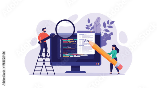 Two people collaborating on computer code on a large monitor using a magnifying glass and a giant pencil for editing.