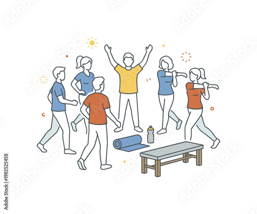 Small group warming up together with one person at center demonstrating a side stretch while others mirror loosely and adjust