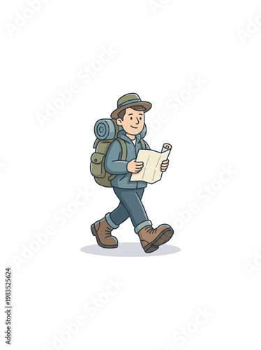 Cartoon hiker exploring nature while reading a map outdoors  