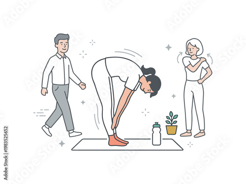 People enjoying a simple office fitness moment with one central figure bending forward in a stretch while others walk lightly and