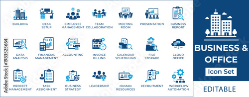 Business and office management icon set featuring financial management, team collaboration, data analysis, project strategy, recruitment, cloud office, and workflow automation symbols.