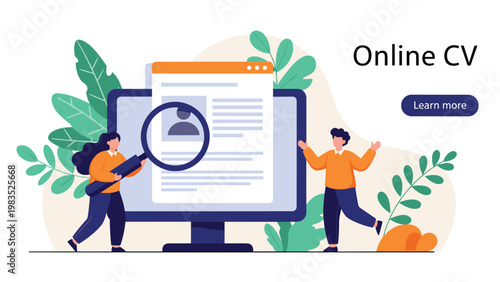 People using a magnifying glass to review a professional online resume on a computer screen for a job recruitment process.