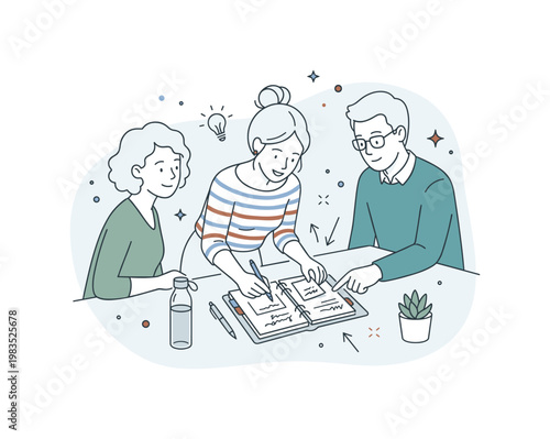 Casual office group sharing a planning scene with one central person arranging notes while others contribute by pointing and