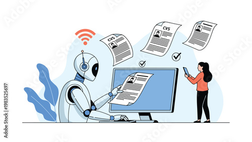 Robot scans resumes and CVs on a computer screen while a human recruiter observes the automated hiring process in a modern office.