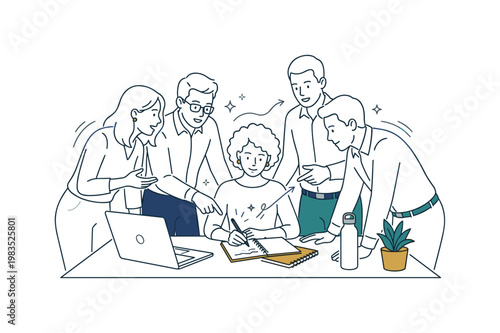 Office team engaged in a planning moment with one person at center writing notes while a laptop is placed to the side and others
