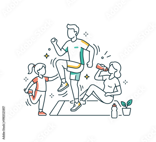 Parents and kids sharing an active outdoor routine with one person at center lifting knees in place while others stretch legs and