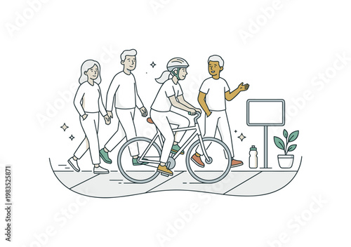 Group of pedestrians and a cyclist interacting safely with one person at center riding slowly while others walk nearby adjusting