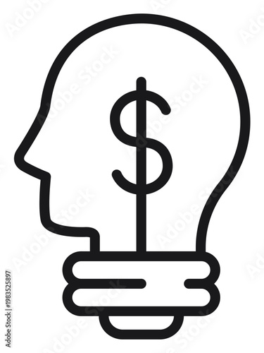 Business idea and financial creativity vector icon illustration featuring a human head profile merged with a light bulb and a dollar sign, representing investment thinking and monetization.