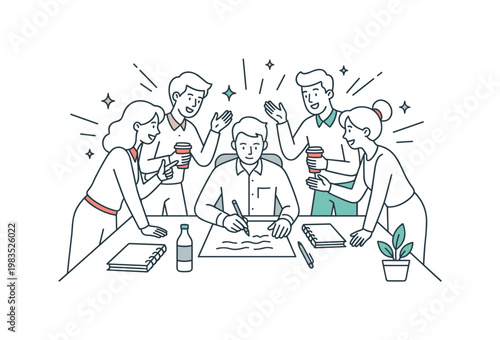 People engaged in a collaborative office moment with one person at center writing ideas on paper while others lean closer