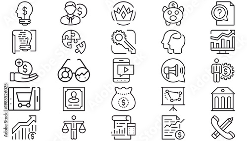 Vector Icon Set of 25 Black Minimalist Business and Finance Symbols: Piggy Bank, Money, Growth Charts, Strategy, Marketing, Technology, Legal, and Communication Icons for Web and Graphic Design.