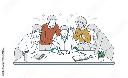 People engaged in a brainstorming session with coffee with one person at center writing ideas on paper while others lean closer