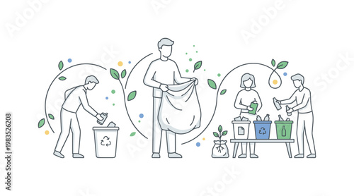 People collaborating in a neighborhood clean up with one central figure holding a trash bag while others pick up litter and sort