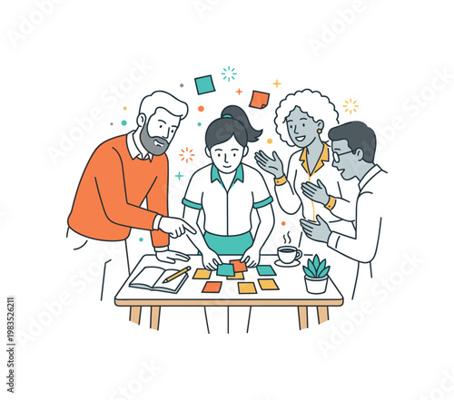 People collaborating around a desk with a clipboard with one central person arranging notes while others contribute by pointing