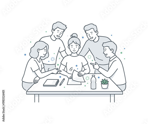 People collaborating in a relaxed review session with one central person arranging papers while others contribute by pointing and