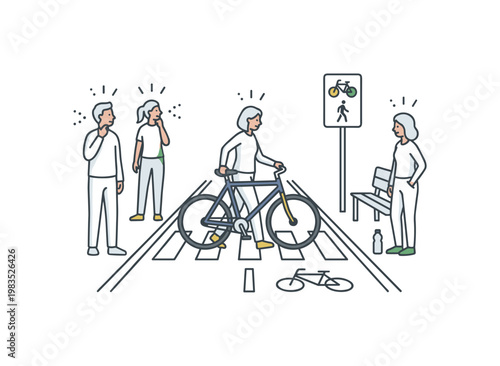 People carefully crossing a marked bike lane with one central person walking a bicycle across while others pause and look both