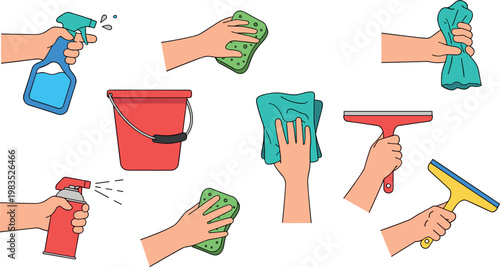 Cleaning tools and supplies collection with hands using spray bottle sponge cloth bucket and squeegee hygiene illustration set