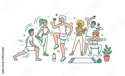 People gathered in an active routine with one person at center lifting knees in place while others stretch legs and rotate